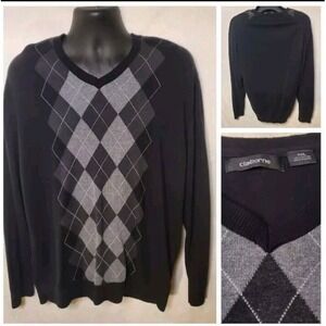 Claiborne Mens XXL Sweater 2XL Black‎ V-Neck Argyle Gray 100% Cotton Chrlie Brwn